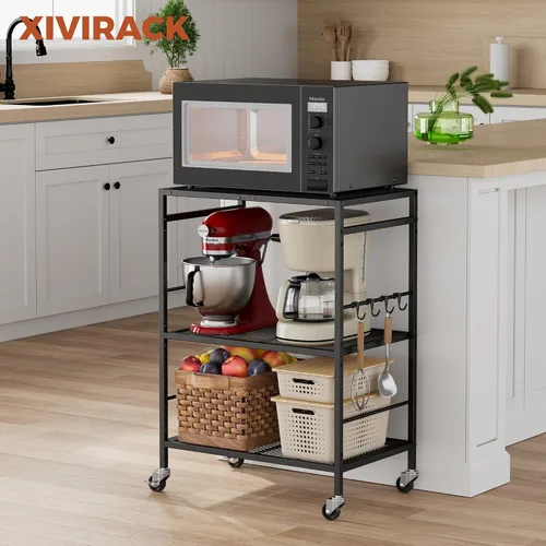 Miniatura 2 de Carrito de cocina de 3 niveles con estantes ajustables - Carrito de almacenamiento para microondas y organizador rodante utilitario, ruedas