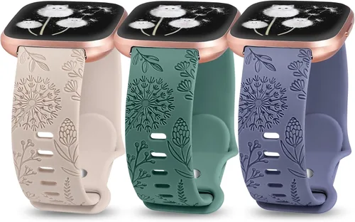 Miniatura 10 de Minyee Paquete de 3 correas grabadas florales compatibles con Fitbit Versa 2/Versa Lite, silicona suave, patrón de flor de diente de león, correa