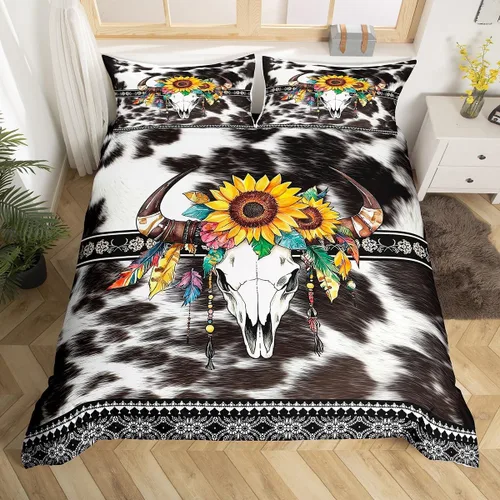 Miniatura 39 de Erosebridal Funda de edredón de piel de vaca marrón con estampado de vaca de las tierras altas, juego de ropa de cama occidental exótico azteca