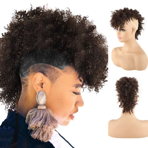 Miniatura 11 de KRSI Cola de caballo de pelo alto afro con flequillo, moño sintético rizado Mohawk Kinkys rizado cola de caballo con clip en colas de caballo