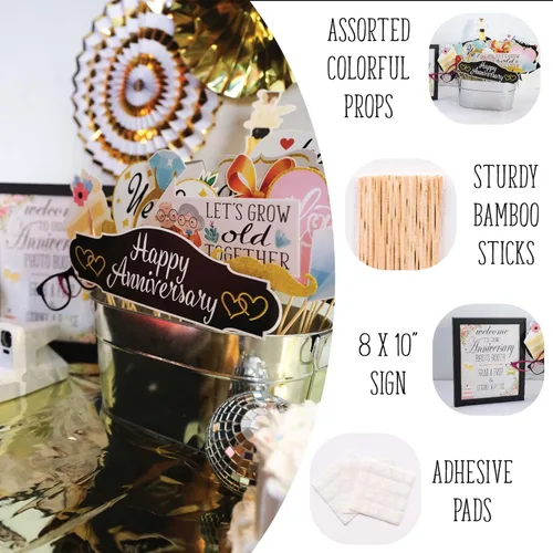 Miniatura 2 de Accesorios para cabina de fotos de aniversario, kit de cabina de fotos de 41 piezas con letrero de 8 x 10 pulgadas, 60 almohadillas adhesivas, 45