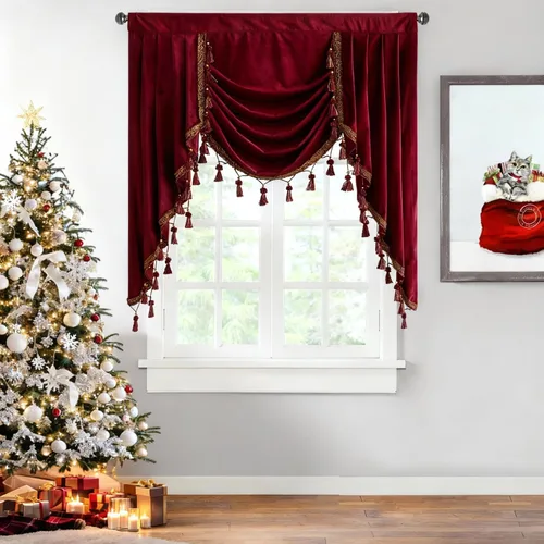 Miniatura 19 de StangH Cortinas decorativas de lujo, cenefa azul con bloqueo de luz, cenefa festoneada para ventana pequeña con bolsillo sólido para barra, cortina