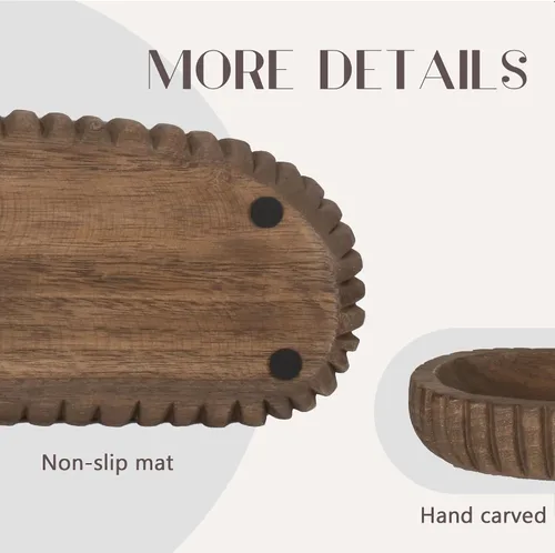 Miniatura 3 de Oakrain Cuenco decorativo de madera para decoración del hogar, cuenco de masa rústico de 16 pulgadas con rayas verticales talladas a mano, bandeja