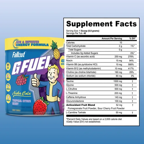 Miniatura 2 de G Fuel Nuka Cola 2.0 - Polvo energético, sin azúcar, suplemento de enfoque de cafeína limpia, mezcla de agua, sabor tropical de cítricos, mezcla