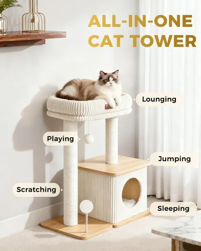Miniatura 3 de Moderno árbol para gatos de interior, estilo nórdico loft, torre de madera para gatos con postes rascadores de sisal, camas acolchadas suaves