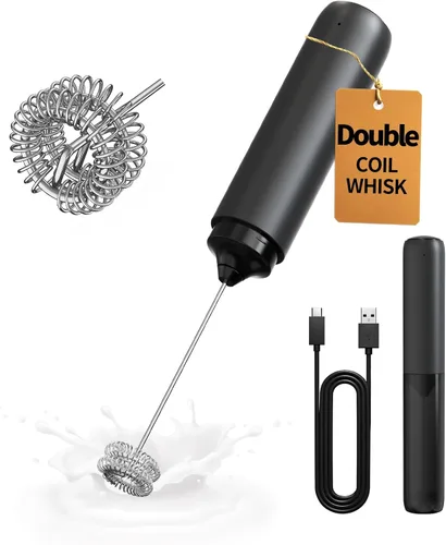 CIRCLE JOY Espumador de leche recargable de mano, cabezal de batidor de doble bobina, espumador de café eléctrico, varilla espumadora de mano