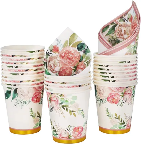 Miniatura 4 de Boosolo Suministros florales para fiestas, juegos de platos de papel y servilletas para 24 invitados, incluye platos de papel desechables florales