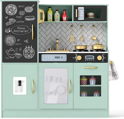 Miniatura 8 de Costzon Juego de cocina para niños, juego de juguetes de cocina de chef de madera grande con sonidos y luces reales, microondas, pizarra, horno
