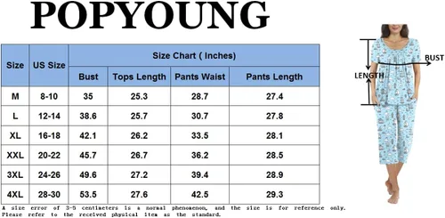 Miniatura 4 de POPYOUNG Conjunto de pijama casual de 2 piezas para mujer, con pantalones capri cómodos y bolsillos, ropa de dormir