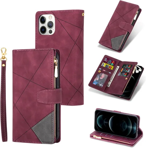 Miniatura 25 de UEEBAI Funda tipo cartera para iPhone 12 Mini de 5.4 pulgadas, retro 9 ranuras para tarjetero, bolsillo con cremallera, cierre magnético, función