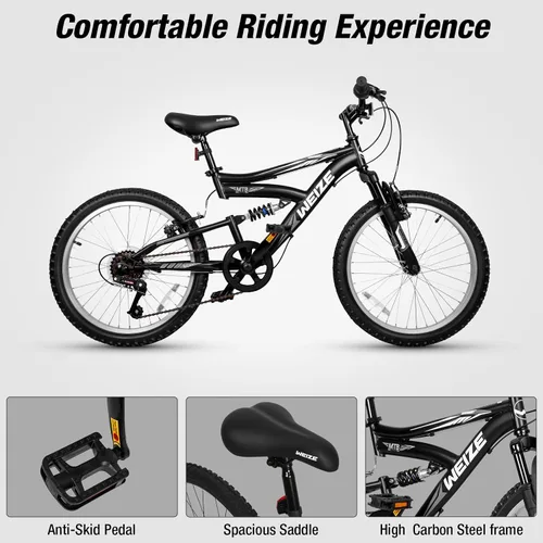 Miniatura 4 de Bicicleta de montaña para niños WEIZE, bicicletas de 20 y 24 pulgadas para niños de 6 a 14 años, para niños y niñas, con suspensión doble completa