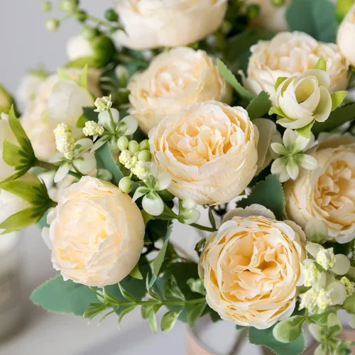 Miniatura 3 de Floweroyal 4 Ramos de Flores Artificiales de Peonía Color Champán, Ramos de Peonías de Seda para Bodas, Fiestas, Centros de Mesa de Mesa, Arreglos