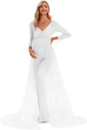 Miniatura 3 de ZIUMUDY Vestido de maternidad de tul con hombros descubiertos para sesión de fotos, vestido ajustado de manga larga para baby shower