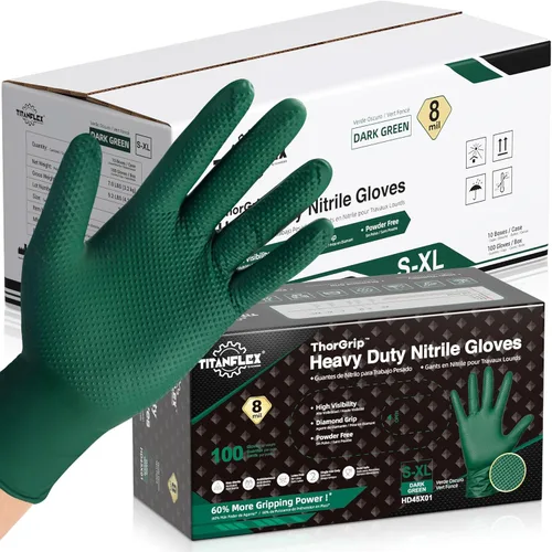 Miniatura 13 de TitanFlex Heavy Duty Industrial Nitrile Gloves with Raised Diamond Texture, 8-mil, Latex Free (Green/Dark Green/Yellow)