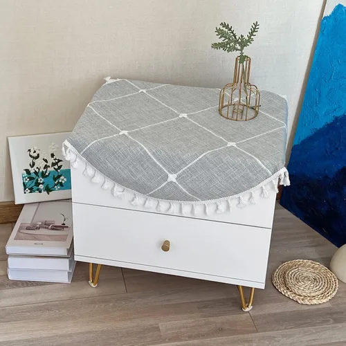 Mantel Redondo Pequeño de Lino de Algodón Gris con Estampado de Malla, Antipolvo, Lavable, Estilo Boho, para Decoración de Mesa de Cocina, Comedor,