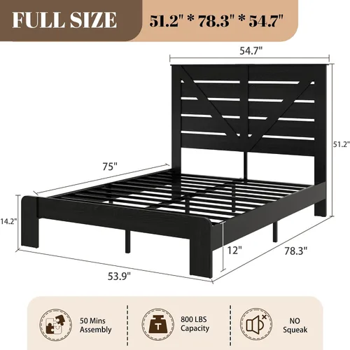 Miniatura 2 de Base de cama de tamaño matrimonial con cabecero, plataforma de estilo granja con luces LED, carga USB, sin somier, fácil montaje, marco de cama