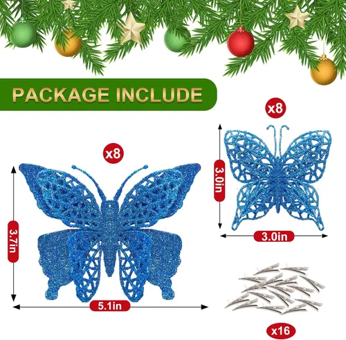Miniatura 3 de 16 decoraciones de árbol de Navidad con purpurina, 2 estilos de adornos de mariposa hueca con clips, decoraciones de mariposa artificial para árbol