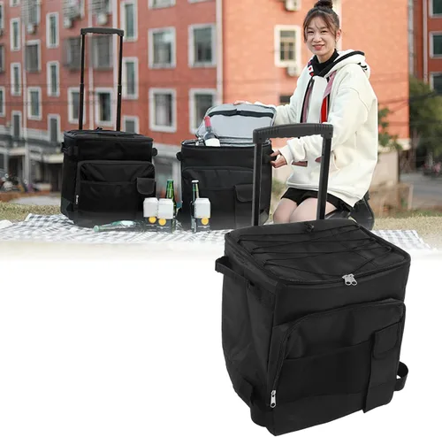 Miniatura 8 de Bolsa enfriadora con ruedas de 43L, caja de refrigeración portátil con ruedas con diseño de doble apertura, tela Oxford, forro de papel de aluminio