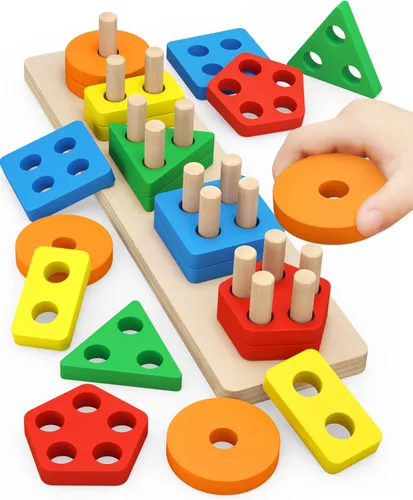 PEBIRA Juguetes Montessori para niños y niñas de 1 a 3 años, juguetes de clasificación y apilamiento de madera para niños pequeños y preescolares,