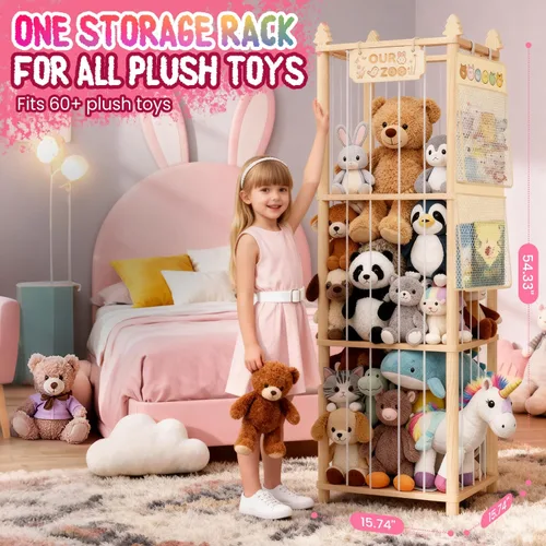 Miniatura 3 de Almacenamiento de animales de peluche: organizador grande de almacenamiento de juguetes de madera con 1 red de almacenamiento extraíble para colgar