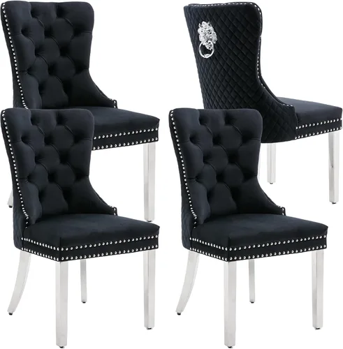 Miniatura 12 de KCC Juego de 2 sillas de comedor tapizadas de terciopelo, modernas sillas capitoné con botones con anillo de cabeza de león y patas de acero Patas