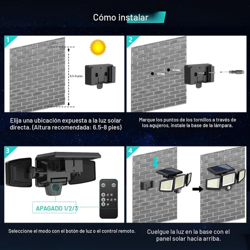Miniatura 6 de Tuffenough - Luces solares para exteriores, 2500 lm, 210 luces LED de seguridad con control remoto, 3 cabezales de luces con sensor de movimiento