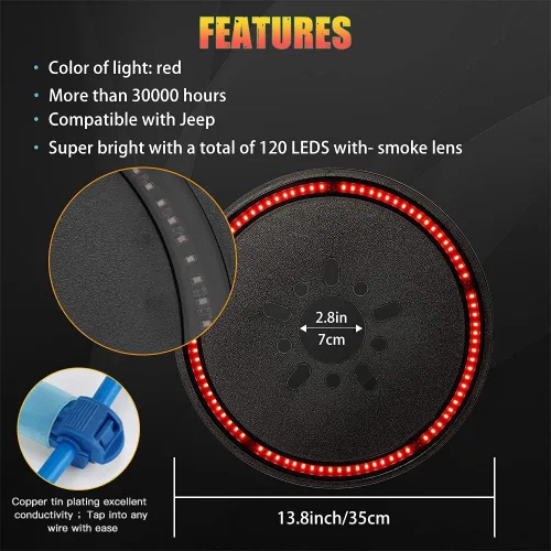 Miniatura 2 de LEDUR Luz de freno de llanta de repuesto tercera luz de freno LED luz de rueda trasera para Jeep Wrangler 2007-2018 JK y 2018+JKU JLU luz roja
