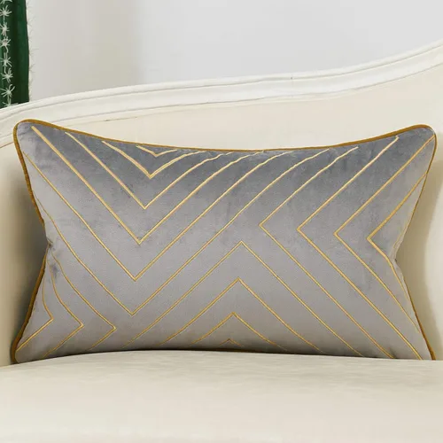 Avigers - Funda de cojín decorativa de terciopelo, 30 x 50 cm, diseño de líneas geométricas con bordado, color gris y dorado, funda lumbar moderna y
