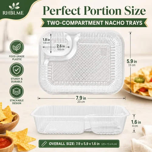 Miniatura 4 de RHBLME Paquete de 300 bandejas grandes de plástico para nachos de 8 x 6 pulgadas, 2 compartimentos desechables, recipientes de plástico para nachos