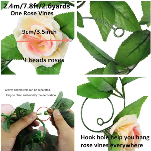 Miniatura 2 de Zhiheng Paquete de 4 vides artificiales de rosas artificiales de 78 pies con hojas verdes, flores falsas, plantas colgantes de jardín, guirnalda