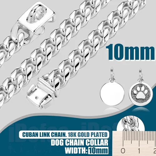 Miniatura 3 de Collar de cadena para perro, collar de eslabones cubanos diseño de hebilla con campana y placa para perro, acero inoxidable metal 10mm, collar