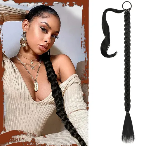 Miniatura 57 de Sofeiyan Extensión de cola de caballo de trenza larga con banda para el cabello, lacio, elegante, envolvente, extensiones de cabello trenzado, cola