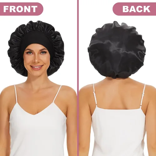 Miniatura 5 de 4 piezas de gorro de satén de seda, gorro de cabello para dormir, gorro de seda elástica de banda ancha para dormir, suave y transpirable