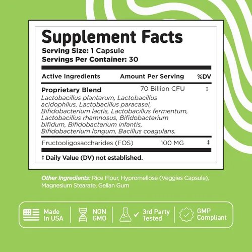 Miniatura 7 de Vital Vitamins Complejo probiótico para hombres y mujeres, 70 mil millones de UFC, fabricado con mezcla prebiótica, digestivo, salud intestinal