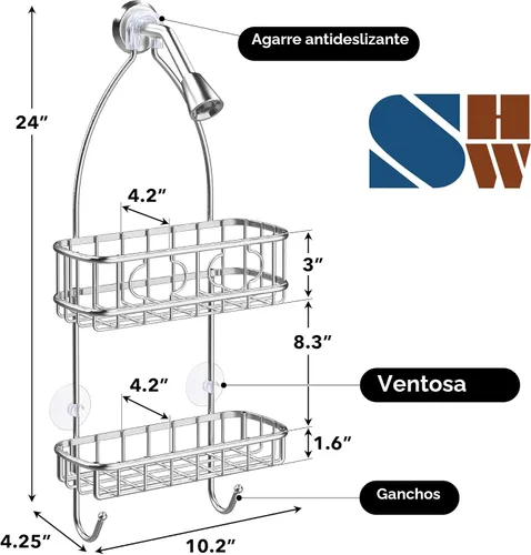 Miniatura 3 de Simple Houseware Organizador Colgante de Acero Inoxidable para Baño con Estante para Cabezal de Ducha (24 x 10.2 x 4.2 pulgadas)