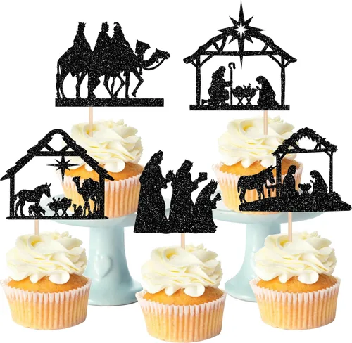 Miniatura 8 de 24 piezas de adornos para cupcakes de Navidad dorados verdes y rojos con purpurina, Papá Noel, árbol de Navidad, adornos para cupcakes para el tema