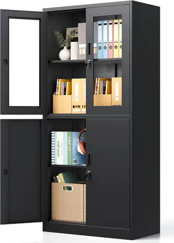 Miniatura 25 de Armario de almacenamiento de metal con 2 puertas y estantes ajustables, armario de metal ancho, gabinete de almacenamiento bajo, gabinete de acento