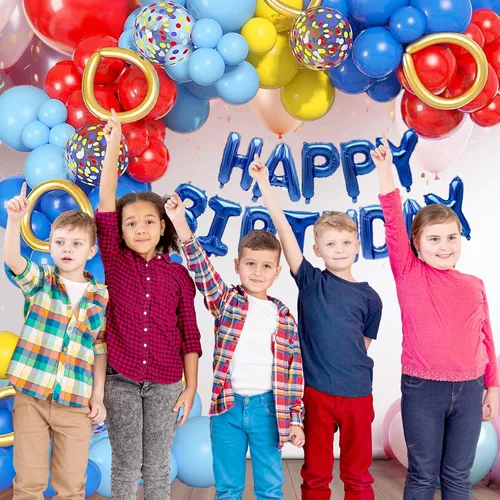 Miniatura 6 de Kit de arco de guirnalda de globos amarillos, azules y rojos, globos de látex metálicos de confeti para niños, globos de aluminio, globos de látex