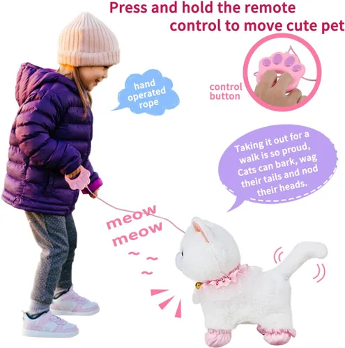 Miniatura 2 de Jimate Juguete electrónico interactivo de peluche robot que camina y ladra, gato de peluche con control remoto para niñas (gato blanco)