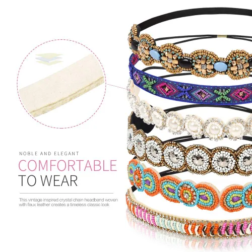Miniatura 3 de Teenitor 6CS - Diademas elásticas para mujer, con cuentas de diamantes de imitación, diademas de joyería vintage para niñas, accesorios