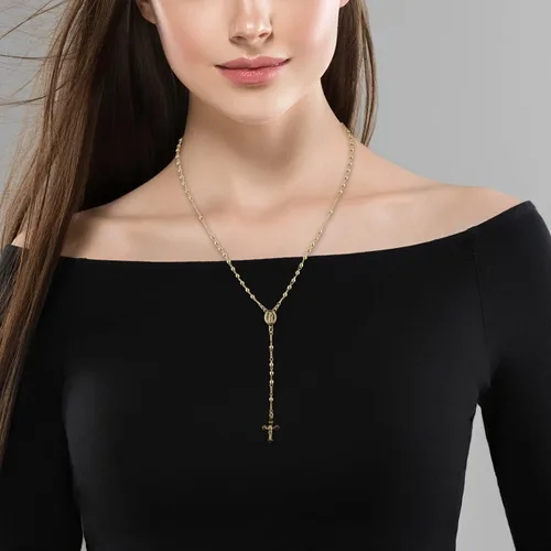 Miniatura 2 de Collar con colgante de oro superpuesto de 18 pulgadas - Rosario religioso. Jesús en la cruz y brazos abiertos y Virgen María. Colgante de cruz