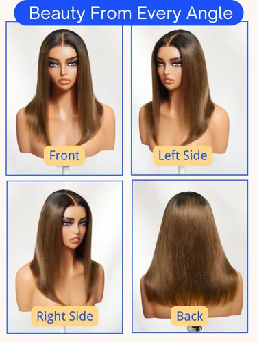 Miniatura 4 de Nadula Peluca Bob Recta Yaki Degradado Marrón Castaño con Cordón de Cabello Humano - Sin Pegamento Precortada 13X4 HD Pre Todo Peluca Frontal
