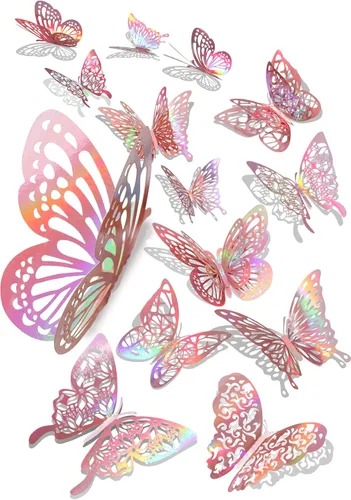 60 calcomanías 3D de mariposa para decoración de pared, color oro rosa iridiscente, decoración de fiestas, mariposas holográficas, calcomanías de
