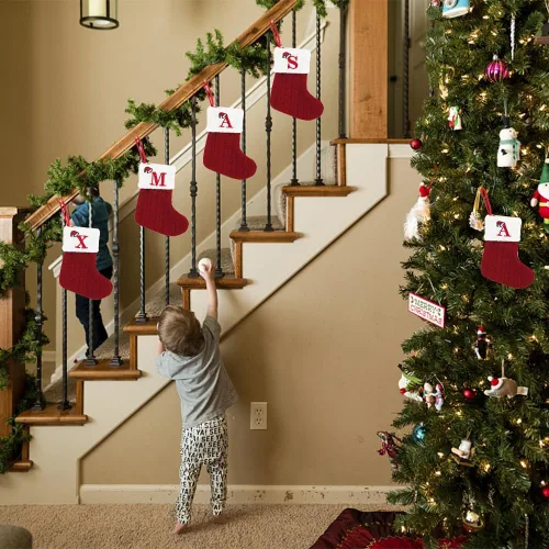 Miniatura 3 de Threetols Medias de Navidad con inicial, letra pequeña bordada de punto, medias de Navidad rojas y blancas, letras de monograma, para colgar, medias