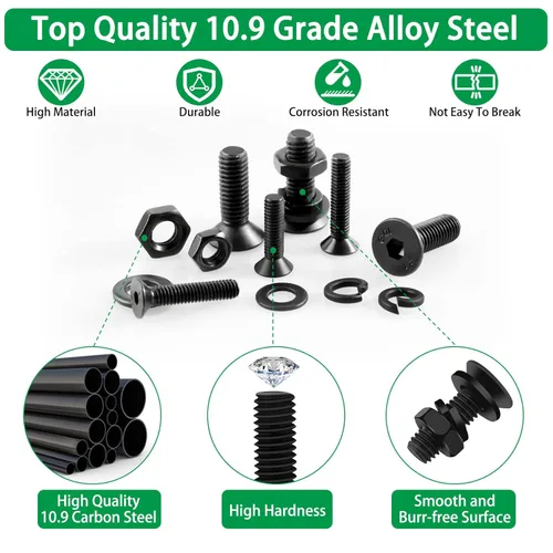 Miniatura 2 de Kit surtido de 1500 tornillos métricos, tornillos de máquina M2 M3 M4 M5 M6 con cerradura y arandelas planas, acero de aleación de grado 10.9, kit