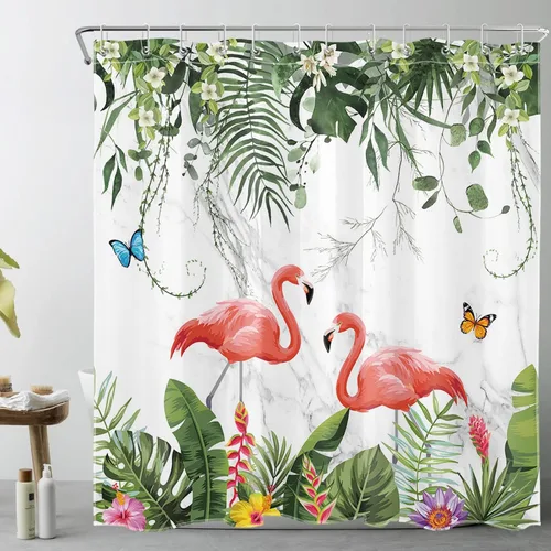 Miniatura 6 de EOBTAIN Cortina de ducha de hojas de plantas tropicales para baño, flamenco rosa y mariposa azul con hojas de palma en beige, cortina de ducha con 8