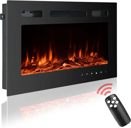 Inserto de chimenea eléctrica de 30 pulgadas, montado en la pared, 12 colores de llama, control remoto, temporizador | Recessed Mount, 750/1500W,