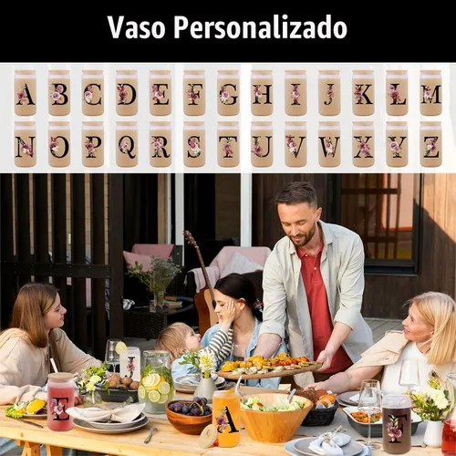 Miniatura 2 de Vaso de vidrio con monograma con tapa de bambú, popote personalizado, vaso de café helado de 16 onzas, tarro transparente de masón, cerveza, agua