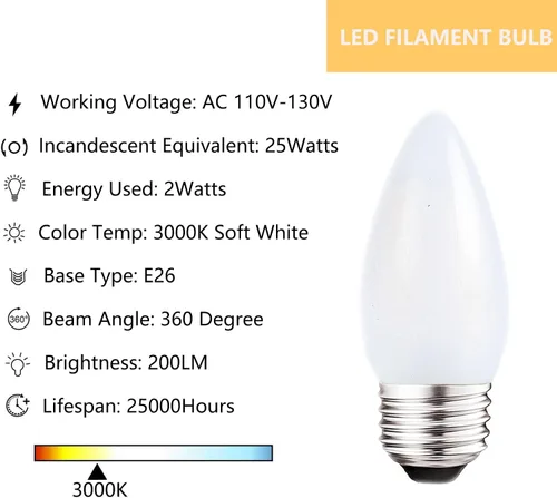 Miniatura 2 de Sunaiony Bombillas LED de candelabro esmeriladas E26 de base media 2W regulables, luz blanca suave 3000K equivalente a 25W, bombillas LED 2W 3000K-8
