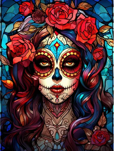 Miniatura 9 de Pintura de diamantes de calavera de azúcar 5D, kit de numeración de maquillaje de esqueleto de moda, arte de pared de rosa roja, arte de pared